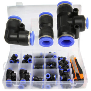 ZESTAW SZYBKOZŁĄCZKI PNEUMATYCZNE PROSTE KĄTOWA TRÓJNIK 52 szt NÓŻ TEKALAN